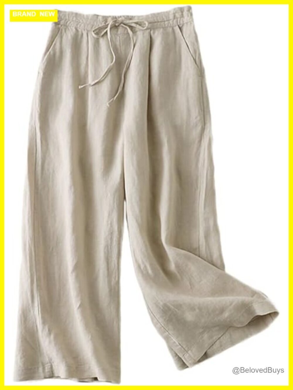 Linen Cropped Wide Leg Pants Elastic Waist Palazzo Trousers Pockets